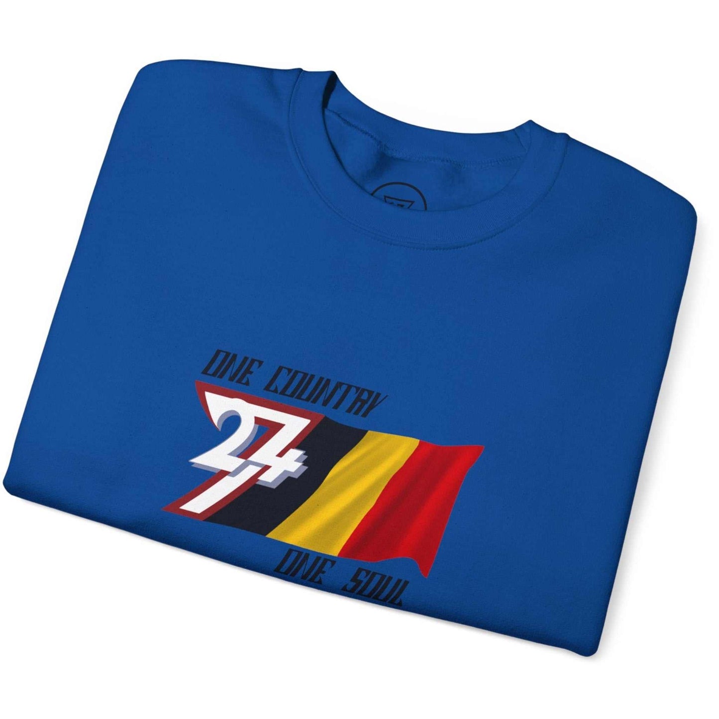 Neatly folded royal blue Belgium flag graphic sweatshirt showing the premium medium-heavy fabric and slogan.