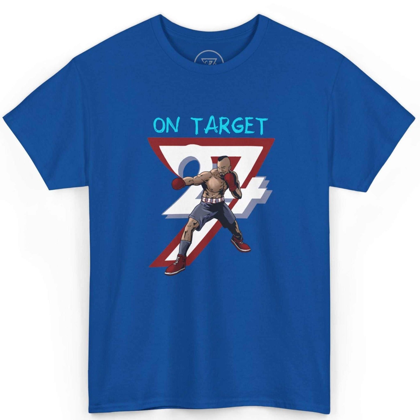 Front view of a bold royal blue boxing t-shirt displaying the unbreakable focus motif, laid flat.