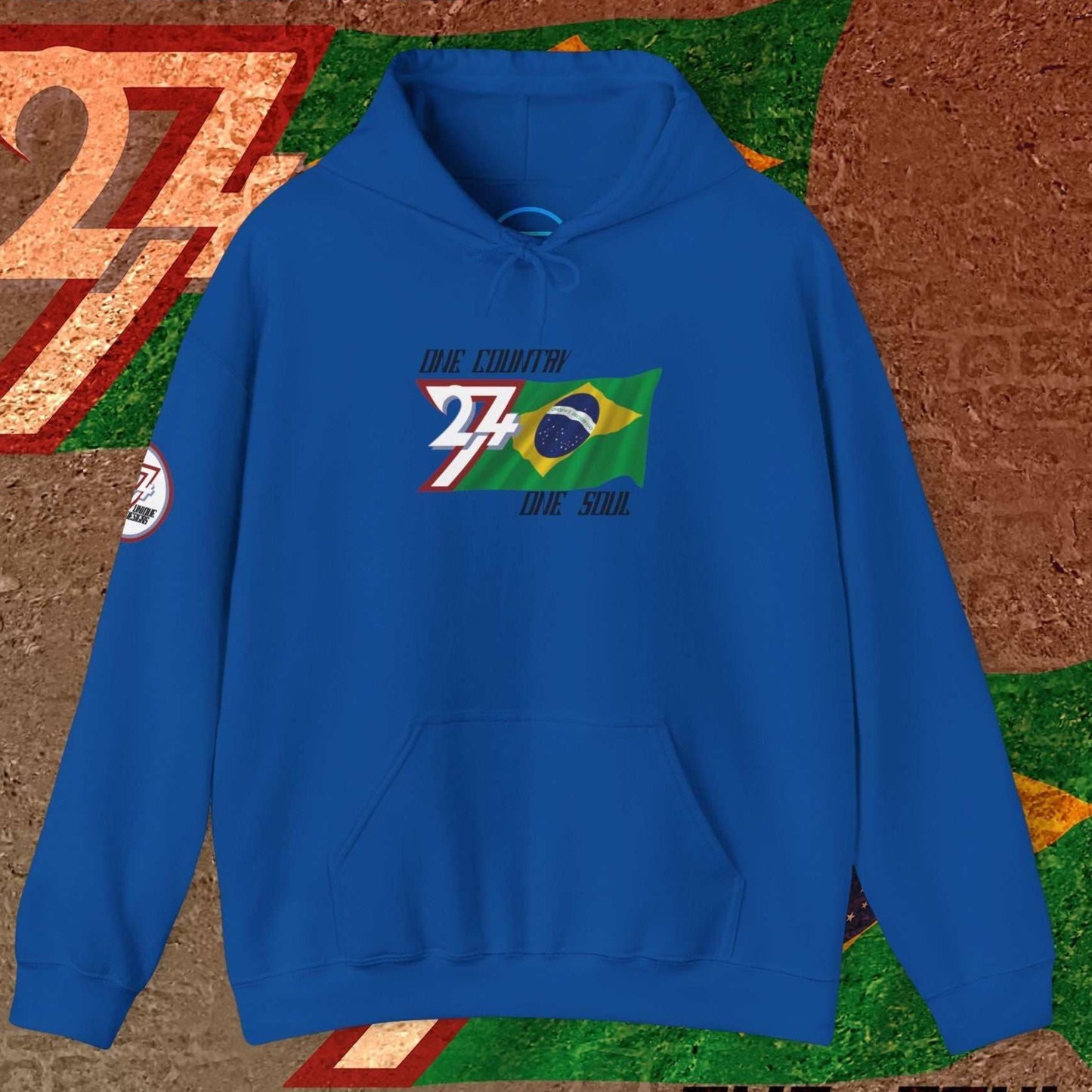 Complete front-on display of the Royal Blue Brazil heritage hoodie with the hand-drawn flag.