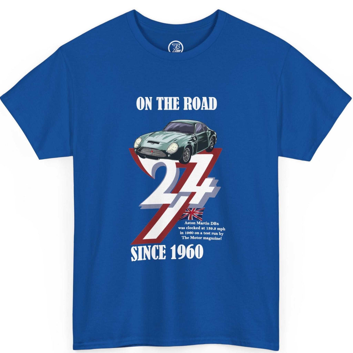 Front view of a royal blue British auto enthusiast apparel tee highlighting the 1960 birth year and British flag design.
