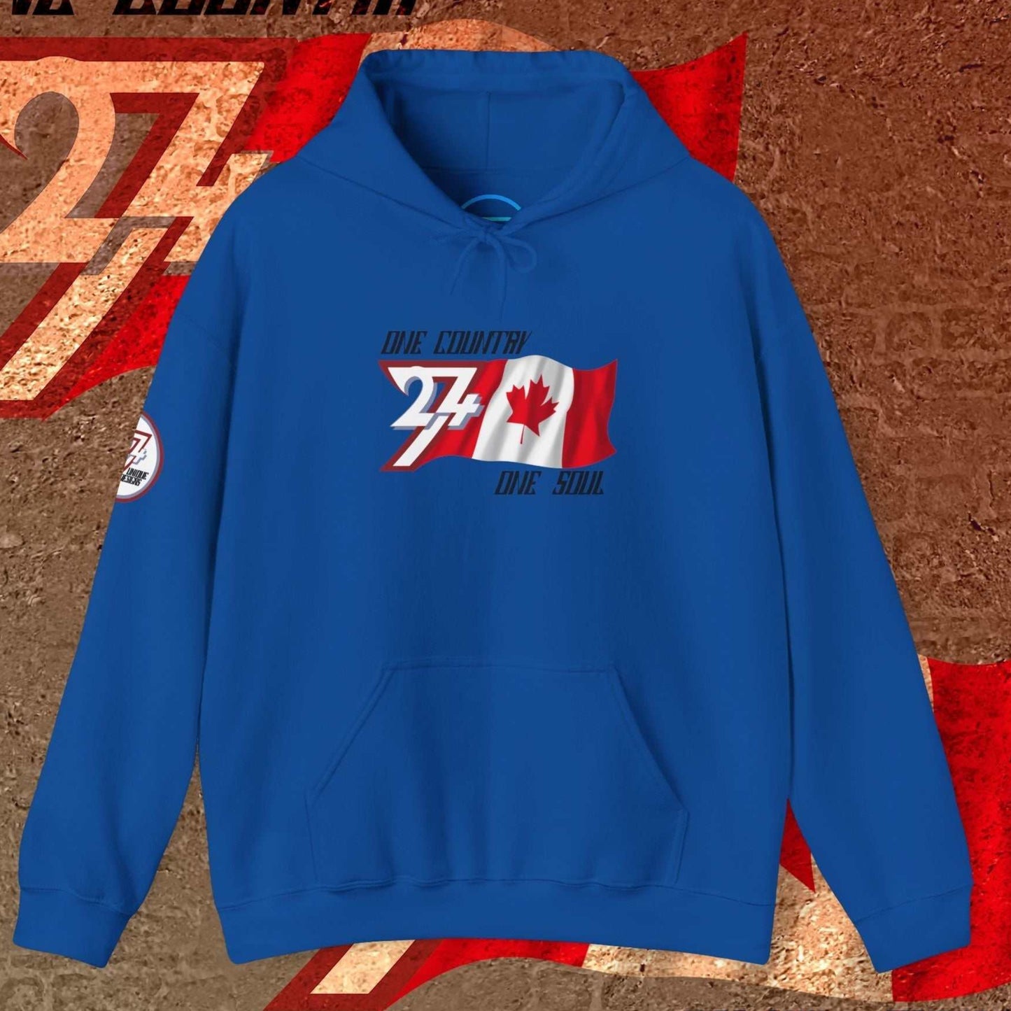 Royal Blue Canada hoodie featuring a modern, hand-drawn take on the maple leaf colors.