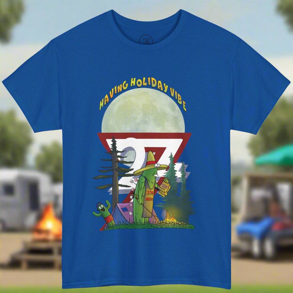 Royal blue novelty campfire shirt showing a green cactus character impaling marshmallows on his back spikes.