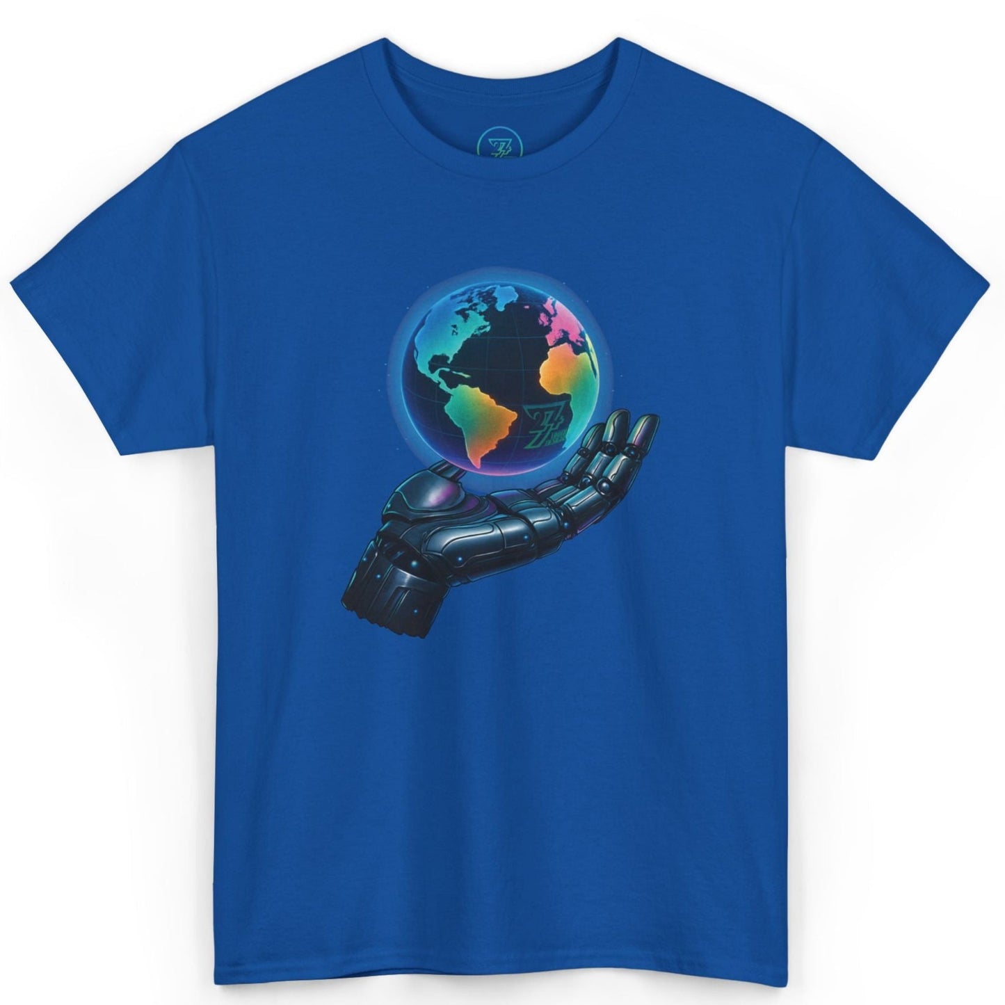 Bright royal blue casual convention t-shirt featuring the sci-fi graphic.