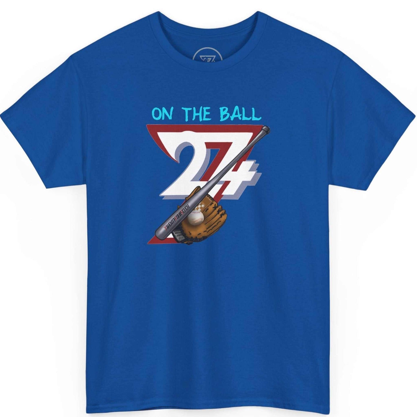 Front view of a vibrant royal blue comic style baseball graphic tee showcasing the crisp digital illustration, laid flat.