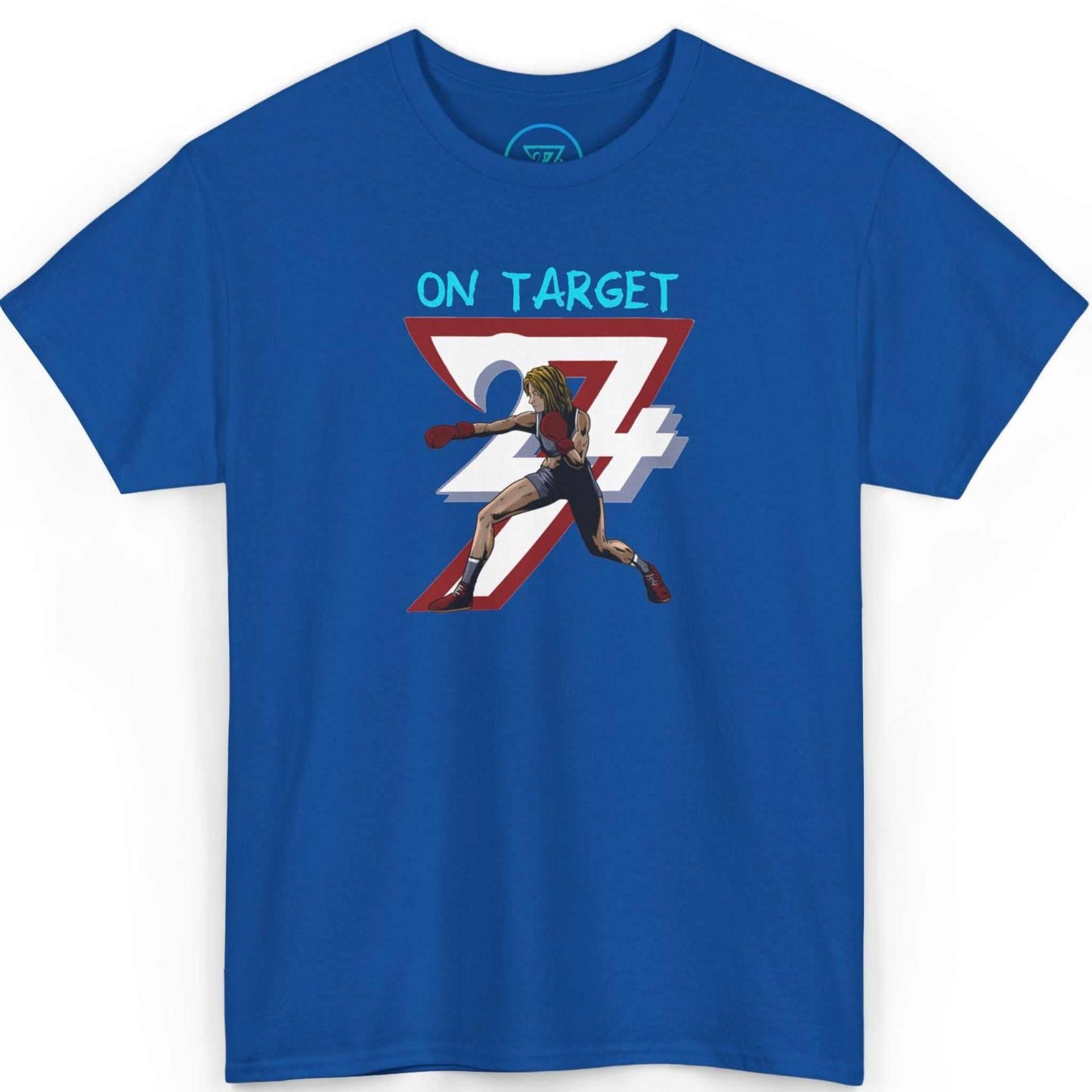 Front view of a vibrant royal blue comic style boxing t-shirt showcasing the original sketch art, displayed on a clean background.