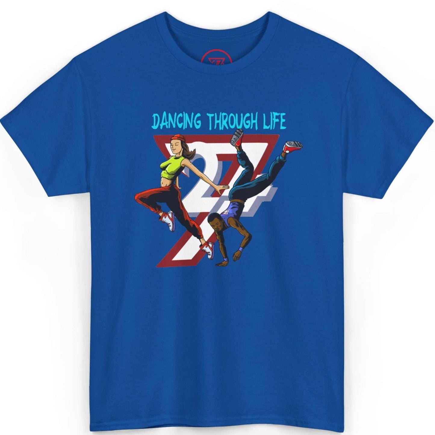 Front view of a royal blue 90s funky groovy comic-style dance tee showcasing the retro 24/7 crew graphic, laid flat on a clean background.