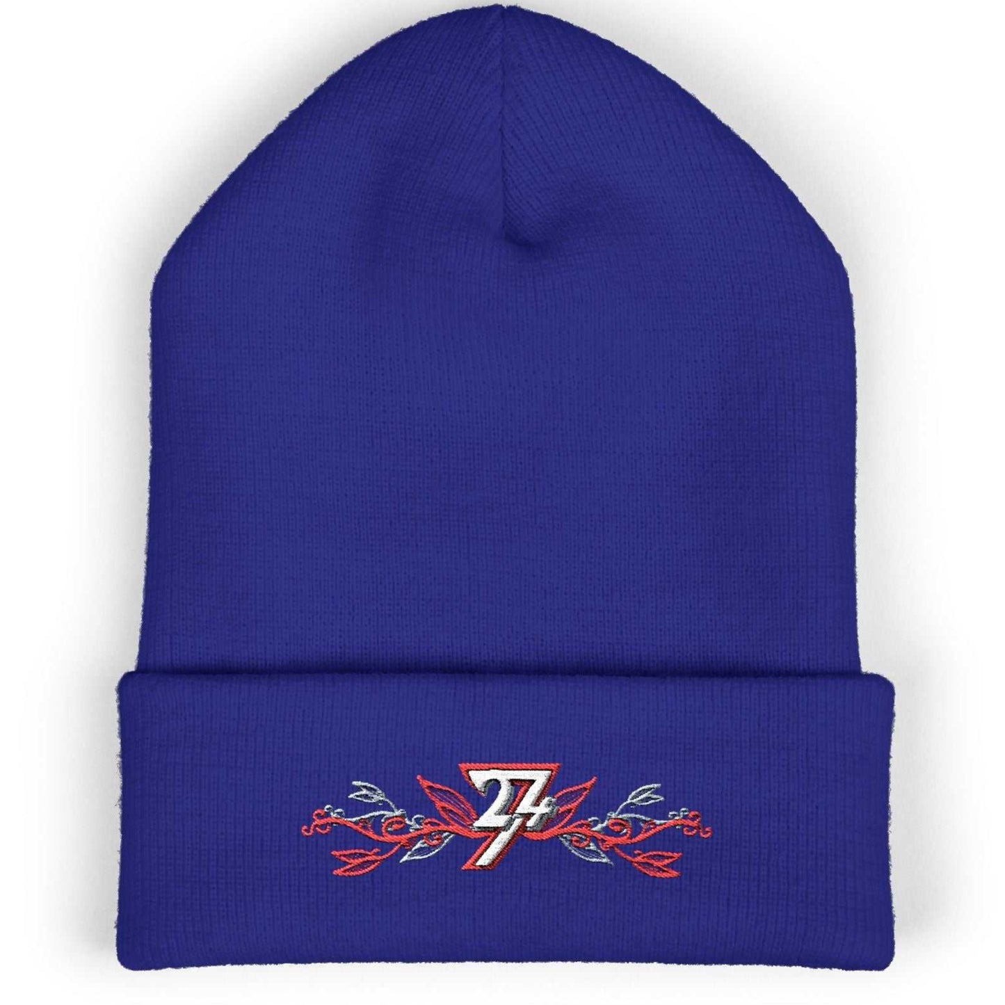 Bright royal blue custom embroidered beanie with an elegant, hand-drawn floral logo on the cuff.
