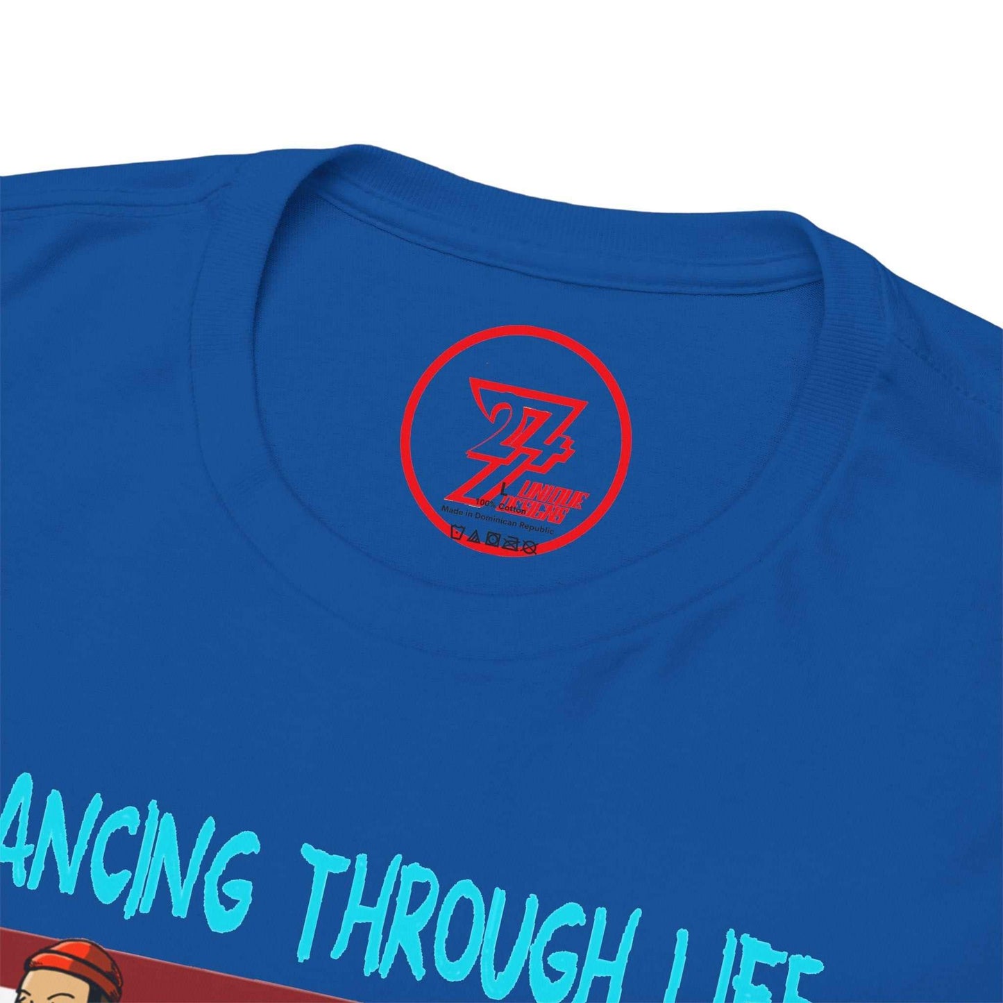 Close-up of the clean crew neckline on the royal blue dance shirt, clearly showing the official 24/7 Unique Designs trademark logo inner label branding.