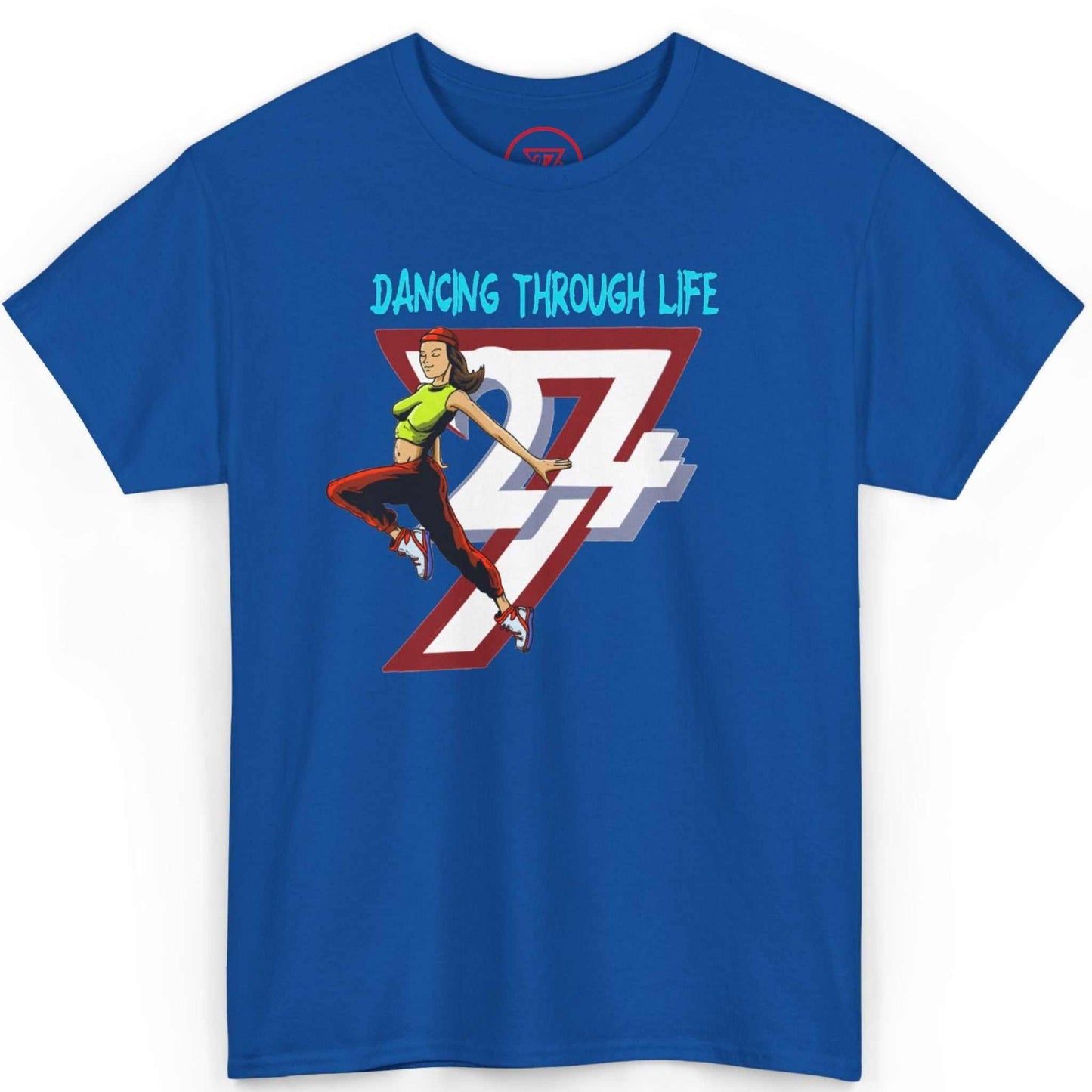 Front view of a royal blue urban dancing girl graphic tee featuring the hand-drawn Dancing Through Life art, displayed on a clean background.