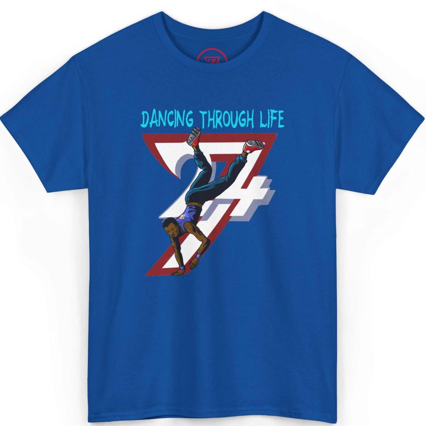 Front view of a vibrant royal blue Dancing Through Life tee featuring the authentic comic-style illustration, laid flat on a clean background.