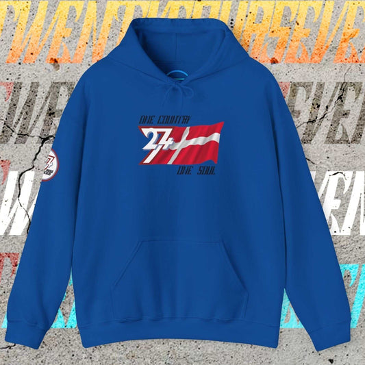 Royal Blue Danmark hoodie featuring a modern, hand-drawn take on the Nordic cross.