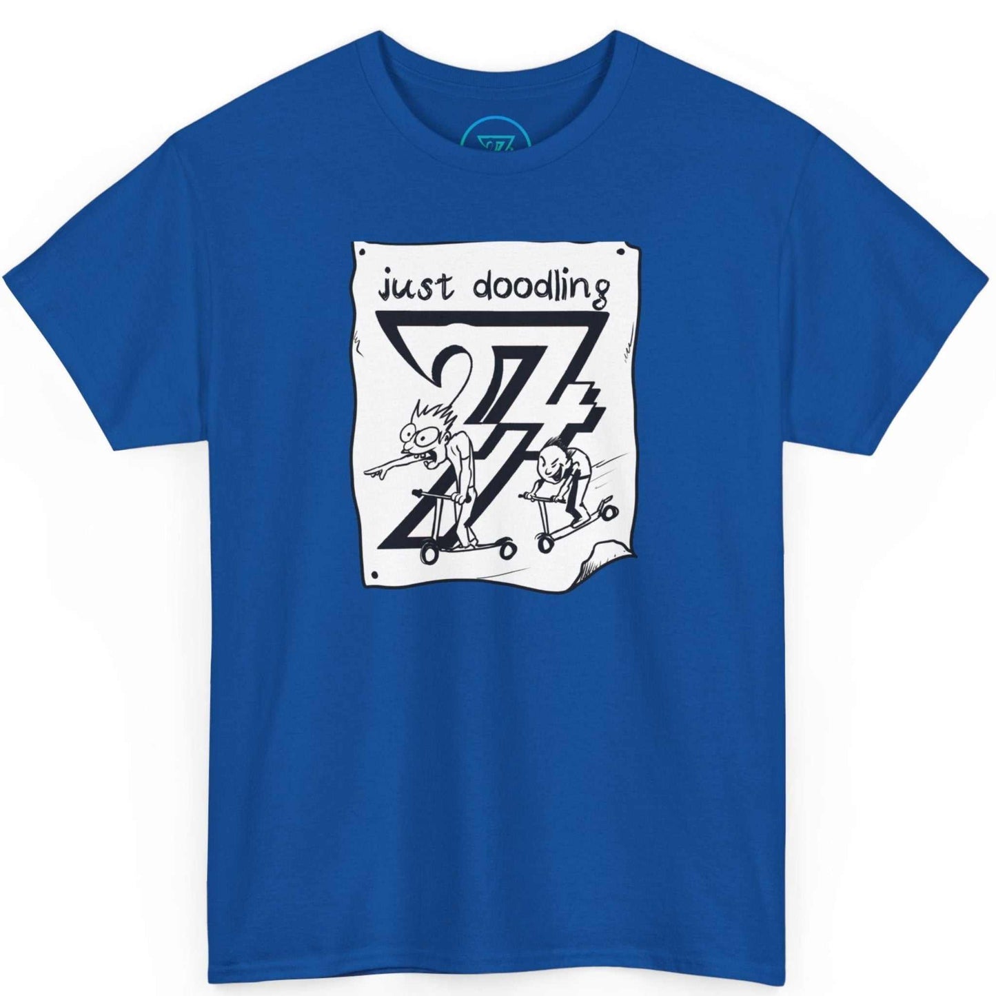 Vivid royal blue doodle art graphic tee featuring the high-energy scooter art, shown on a clean background.