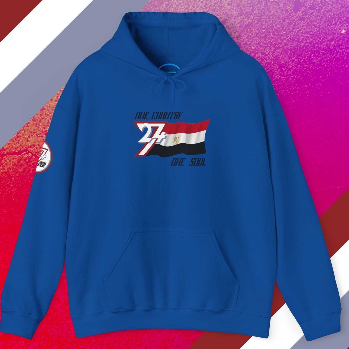 Complete front-on display of the Royal Blue Egypt heritage hoodie with the hand-drawn flag.