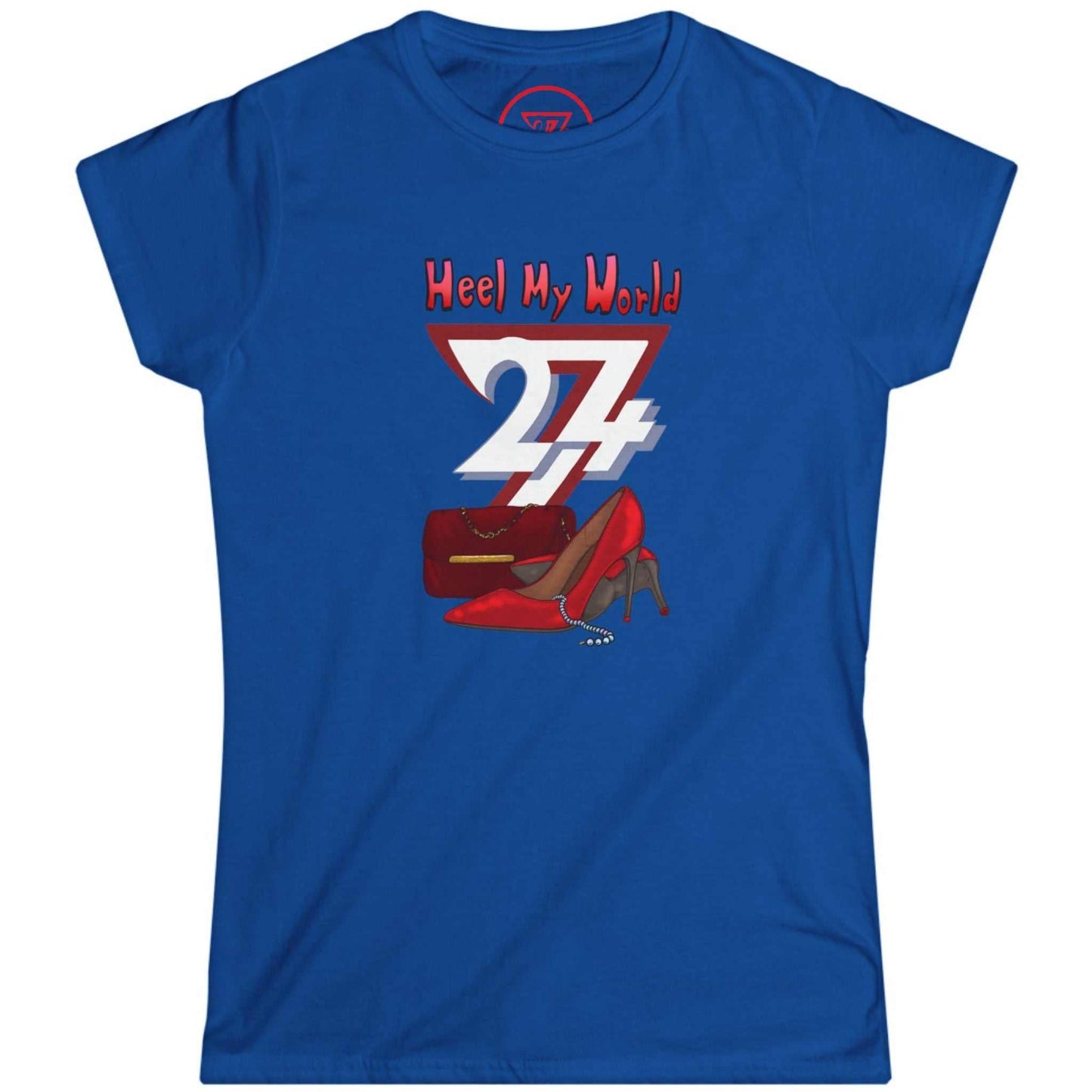 Royal blue elegant high heel graphic tee featuring the custom hand-drawn fashion art, shown on a clean background.