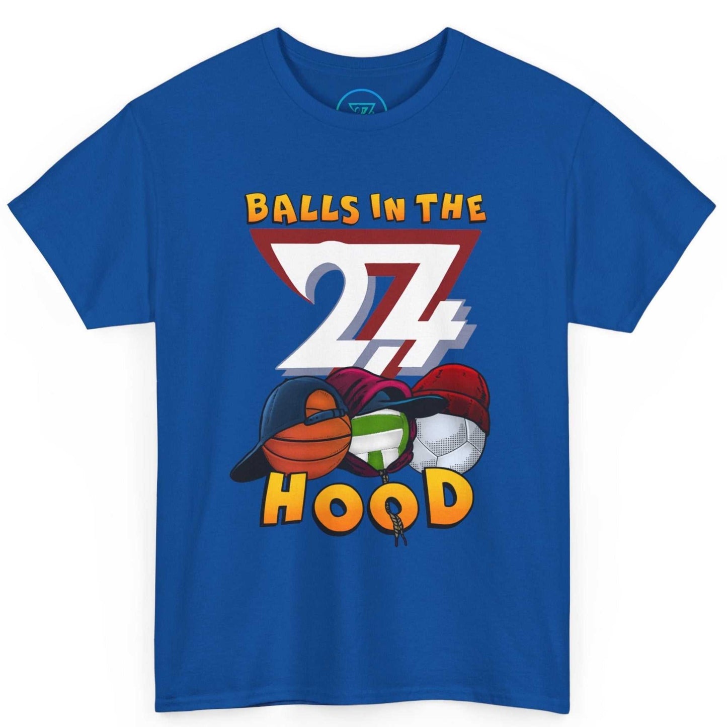 Bright royal blue flagship streetwear shirt featuring original boutique art.