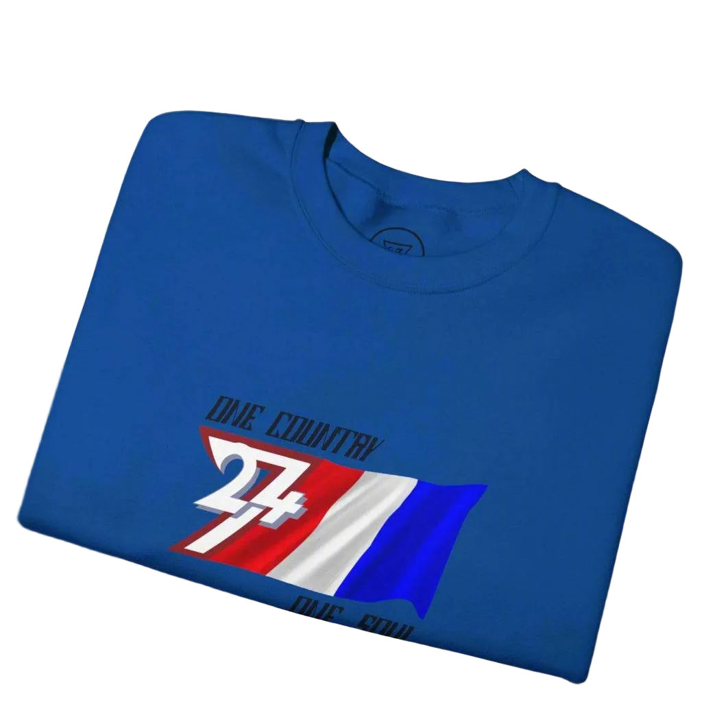 Blue unisex France sweatshirt with hand-drawn flag graphic and "One Country One Soul" slogan