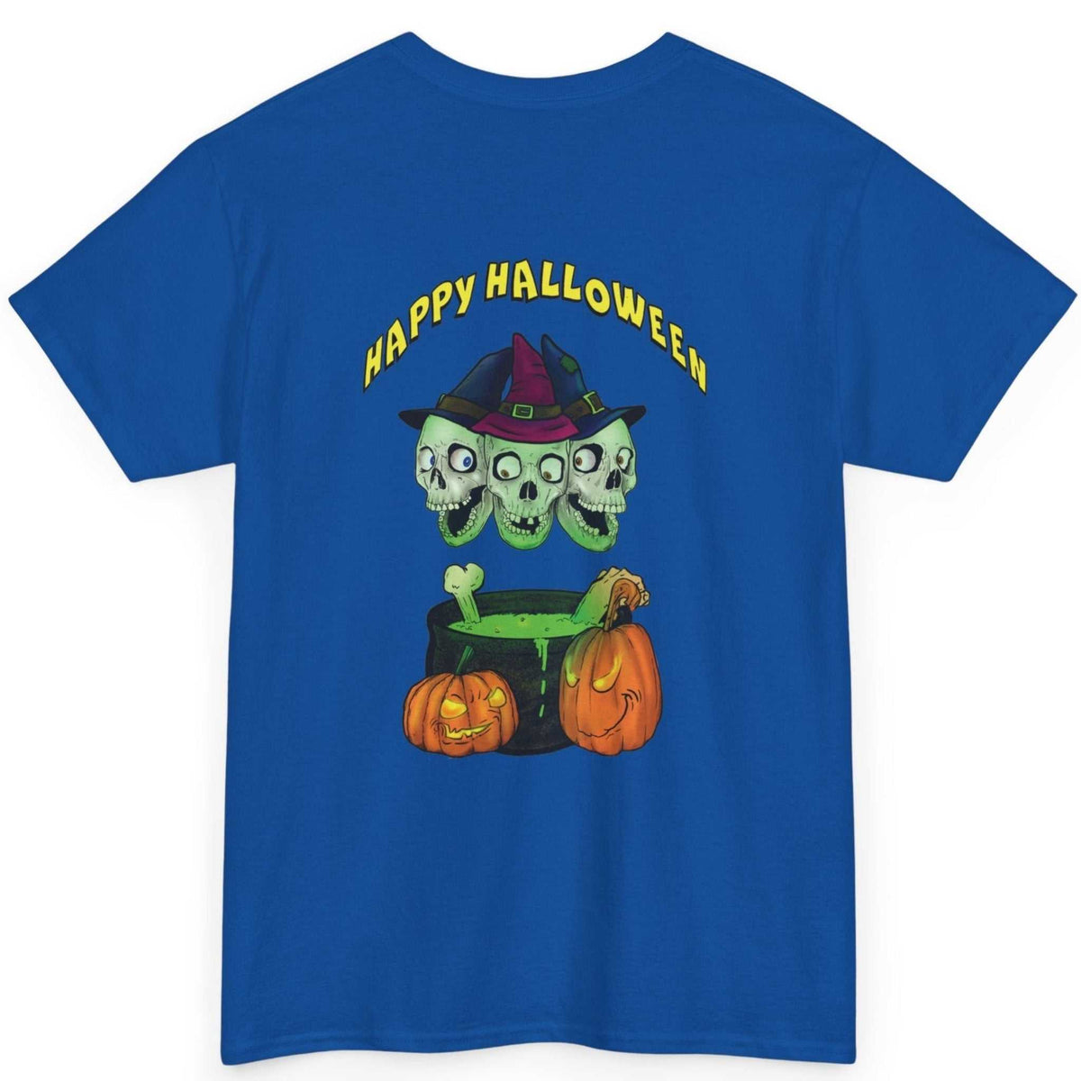 Back view of the royal blue funny cartoon skeleton tee showcasing the detailed DTG skulls artwork, laid flat.