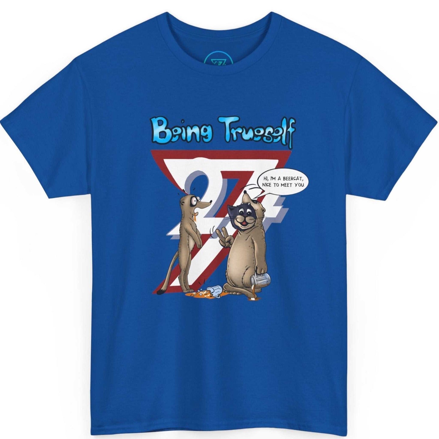 Royal blue funny cat and meerkat tee highlighting the striking 24/7 backdrop logo, displayed on a clean background.