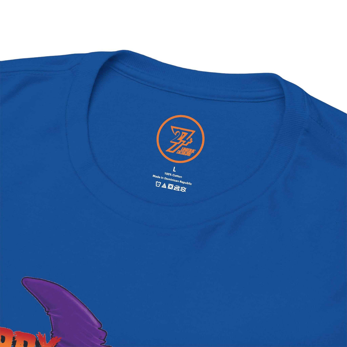 Close-up of the ribbed knit collar on the royal blue grandma Halloween gift tee, clearly showing the official 24/7 Unique Designs trademark logo inner label branding.