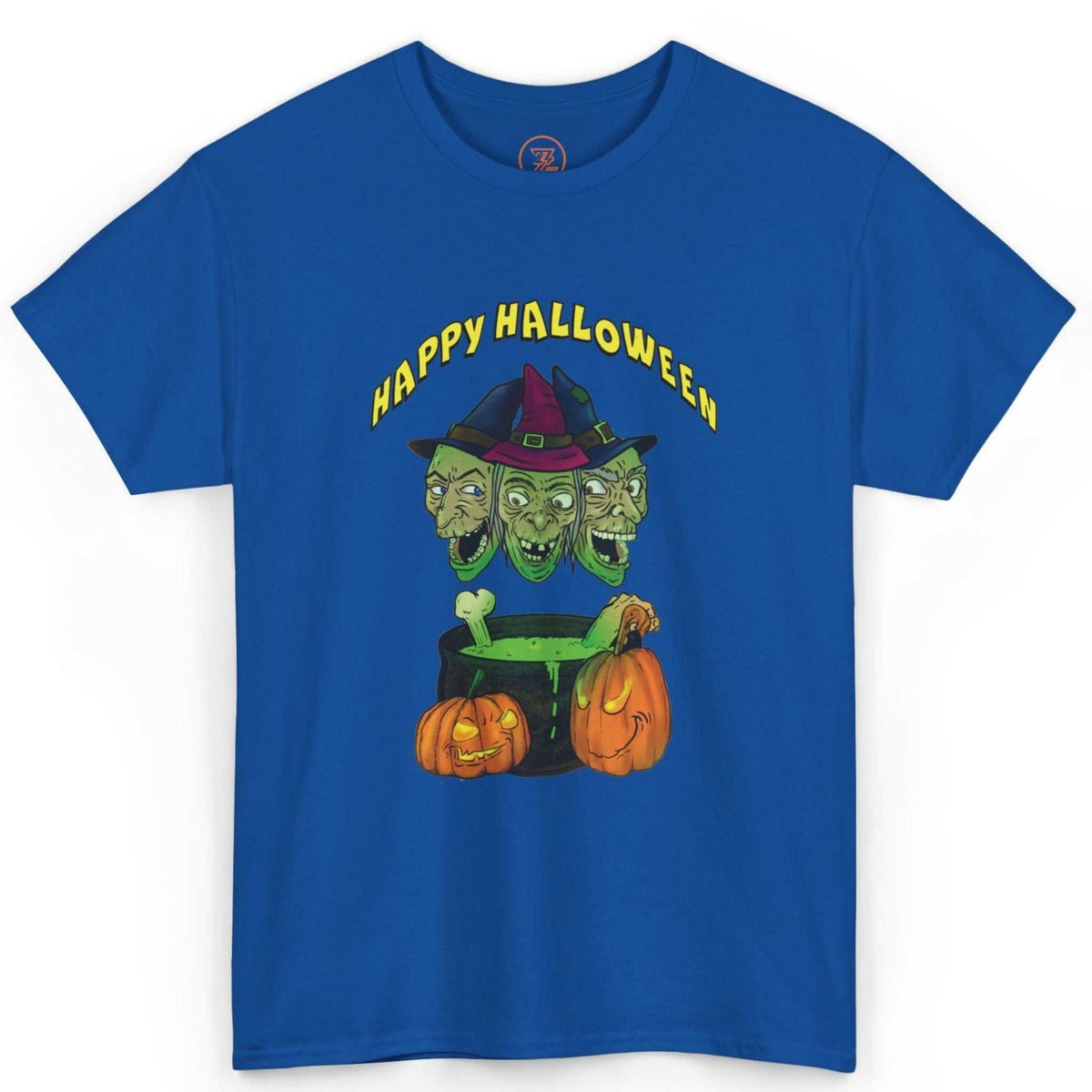 Front view of a bright royal blue Halloween witches graphic tee featuring the vibrant front witches graphic, displayed flat.
