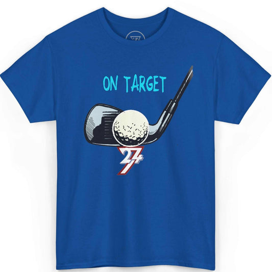 Front view of a vibrant royal blue hand-drawn golfer shirt showcasing the dynamic golf graphic, laid flat on a clean background.
