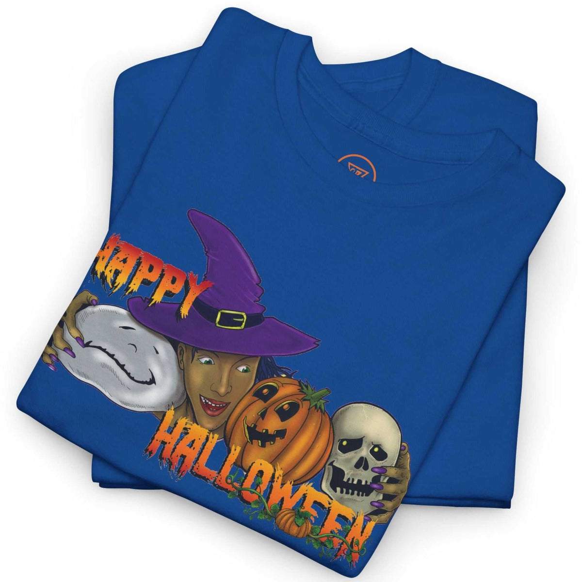 Neatly folded royal blue hand-drawn spooky clothing tee highlighting the crisp digital front print and durable fabric, laid flat.