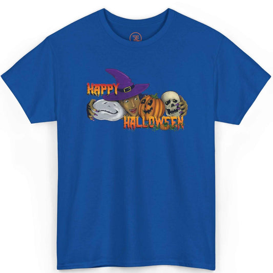 Front view of a vibrant royal blue Happy Halloween graphic tee featuring the digitally hand-drawn witch and pumpkin art, displayed on a clean background.