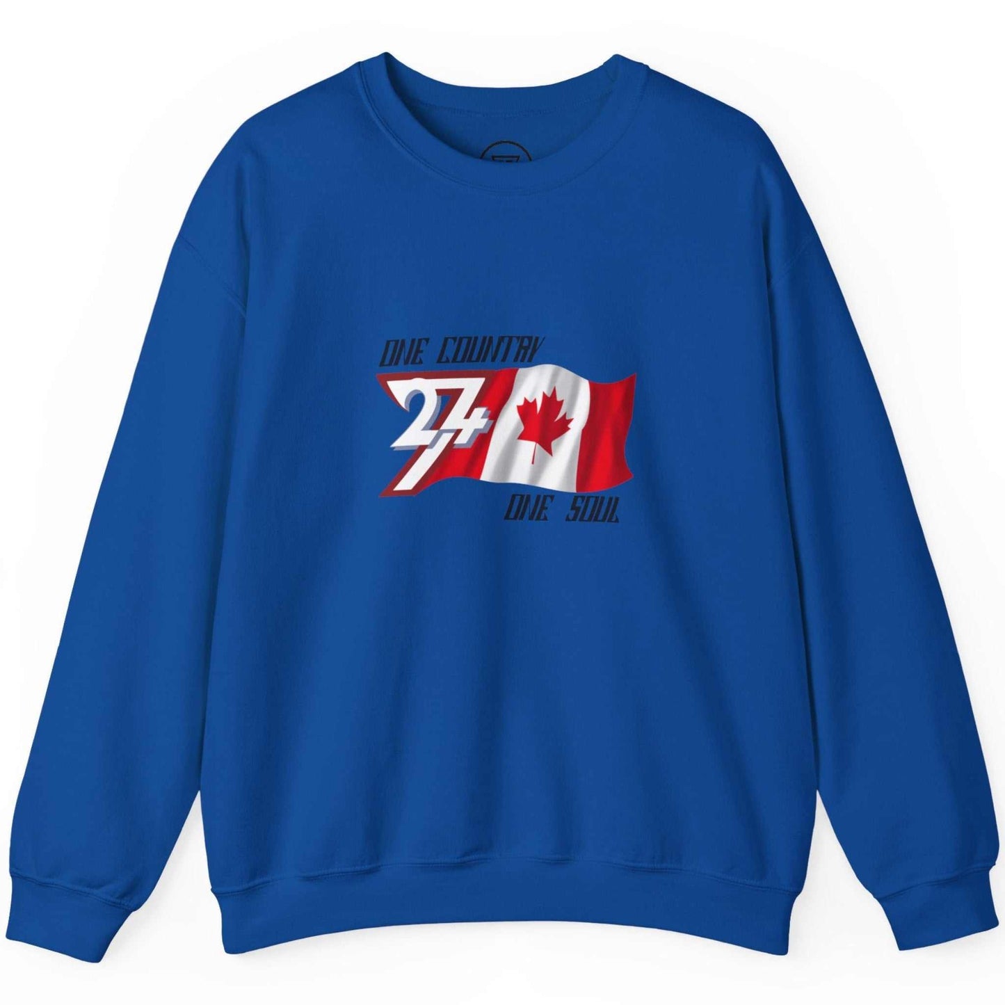 Front view of a royal blue hockey fan heavy pullover featuring the maple leaf logo design.