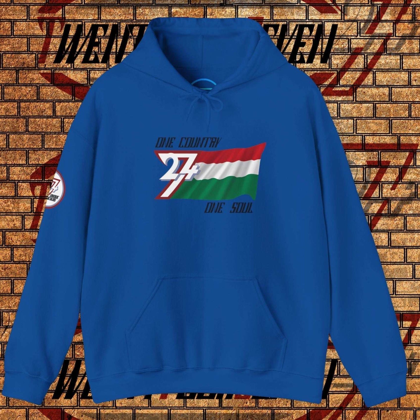 Complete front-on display of the Royal Blue Magyarország heritage hoodie with the hand-drawn flag.