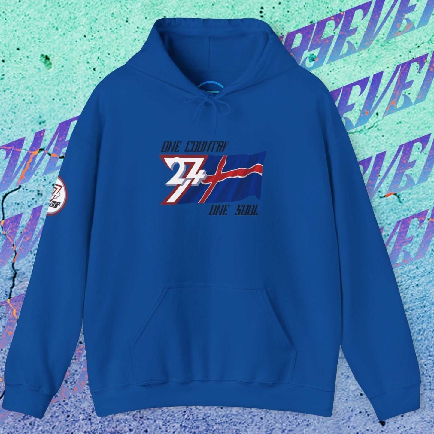 Complete front-on display of the Royal Blue Ísland heritage hoodie with the hand-drawn flag.