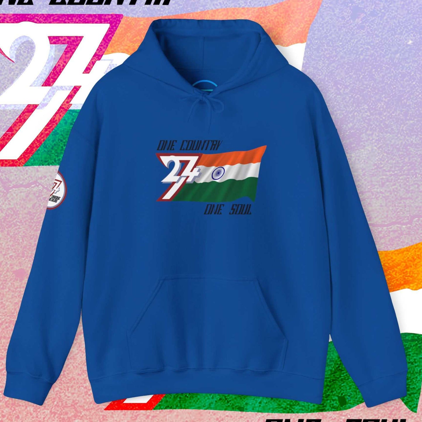 Complete front-on display of the Royal Blue Bharat heritage hoodie with the hand-drawn flag.