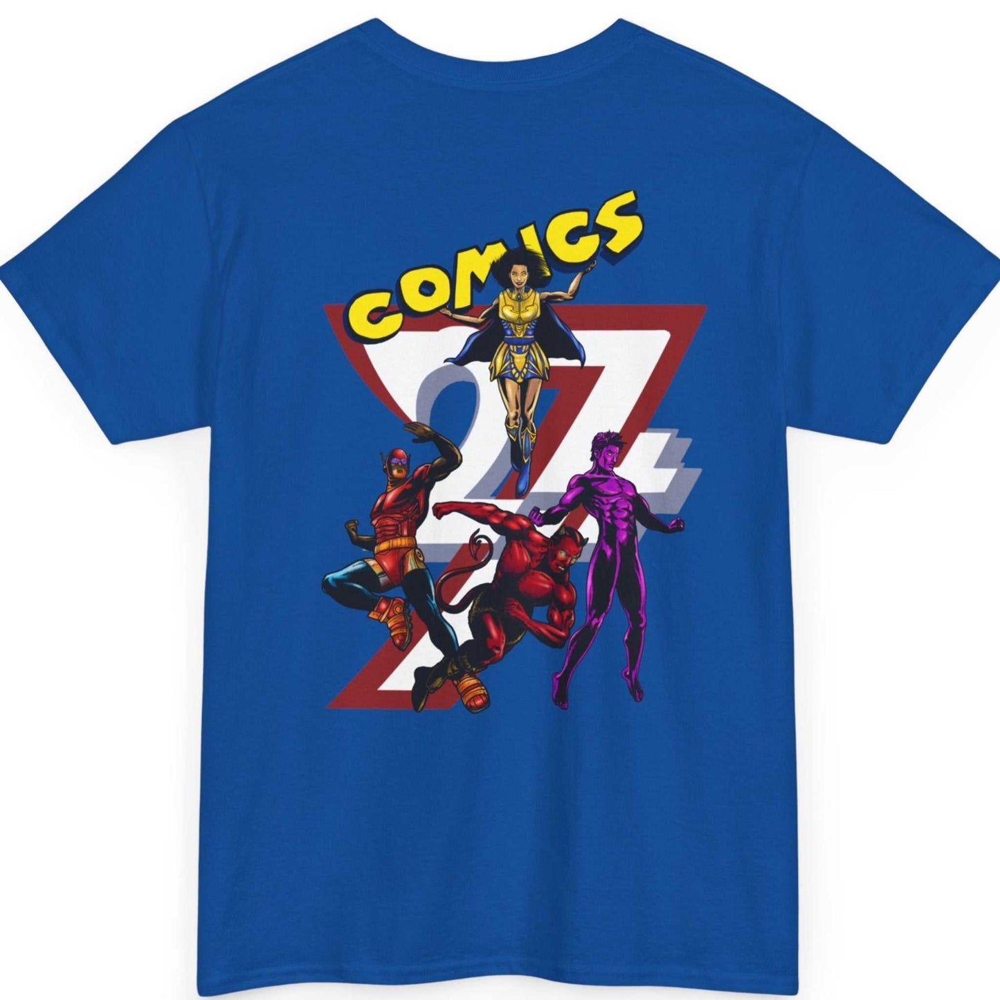 Back view of a vivid royal blue indie comic book shirt highlighting the retro character art.