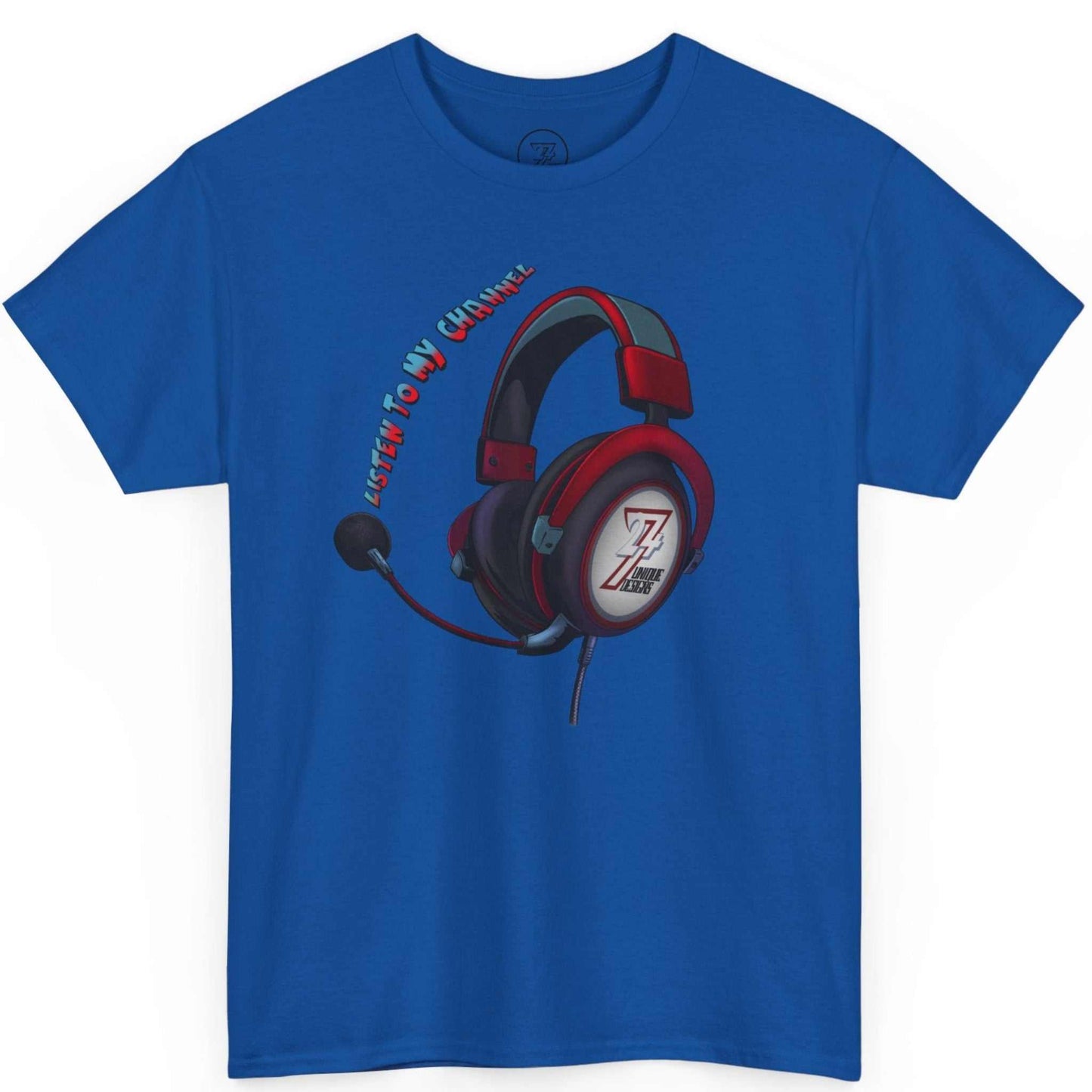 Royal blue influencer graphic tee showcasing the detailed red gaming headset, laid flat.