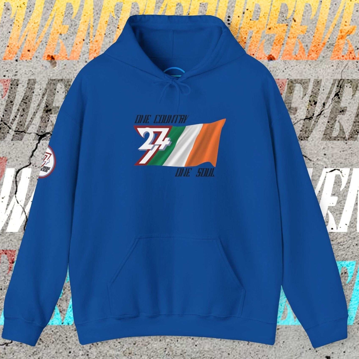 Complete front-on display of the Royal Blue Éire heritage hoodie with the hand-drawn flag.