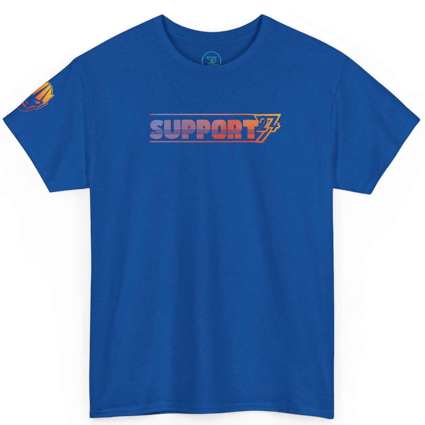 Solid royal blue IT support shirt displaying the colorful Support 24/7 text and sleeve hint.