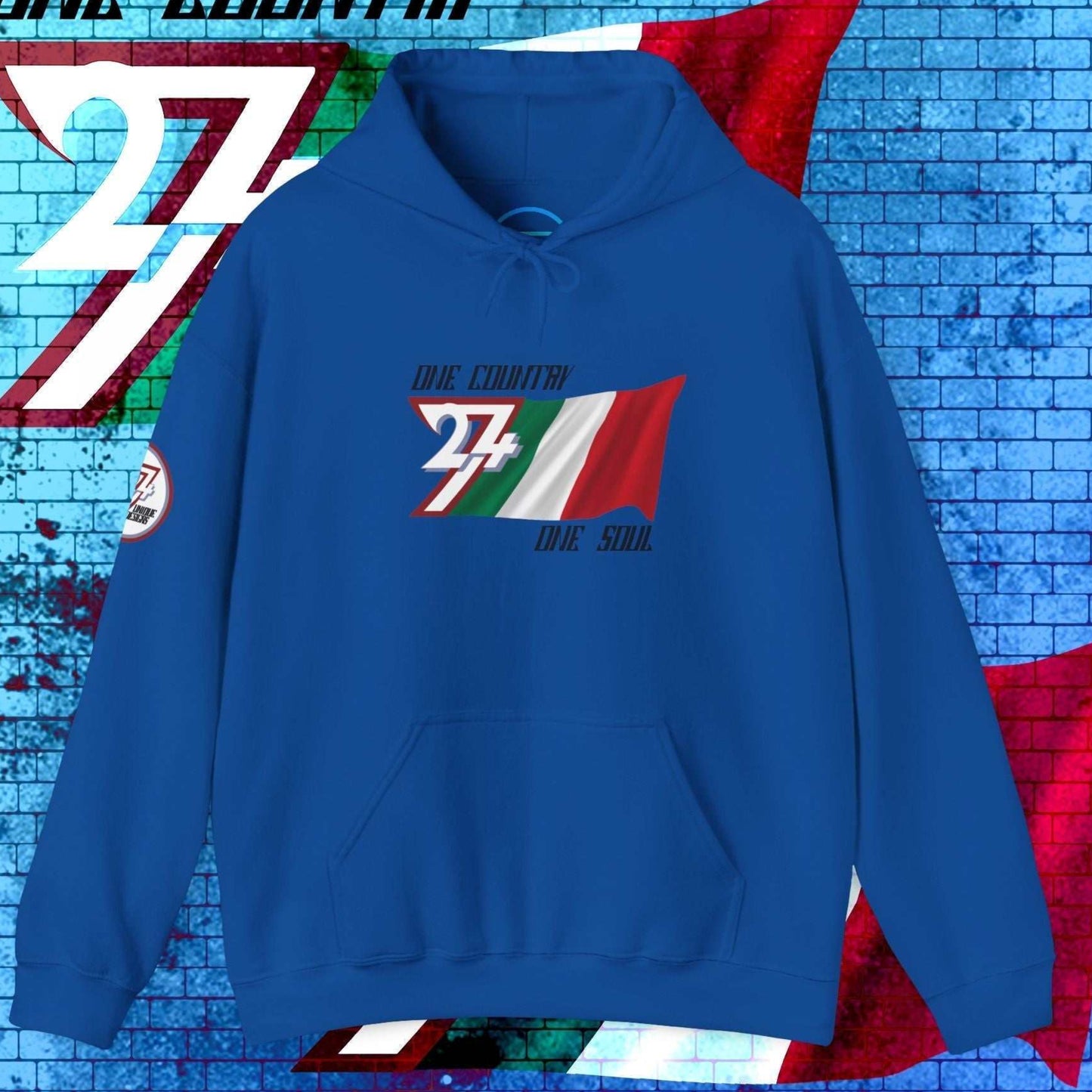 Complete front-on display of the Royal Blue Italia heritage hoodie with the hand-drawn flag.