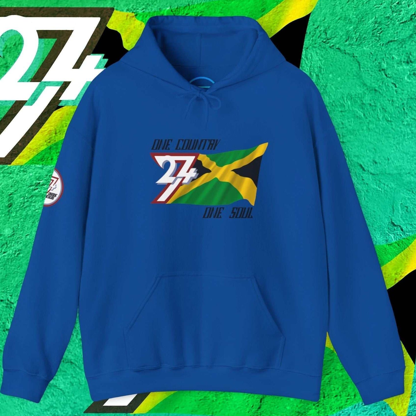 Complete front-on display of the Royal Blue Jamaica heritage hoodie with the hand-drawn flag.
