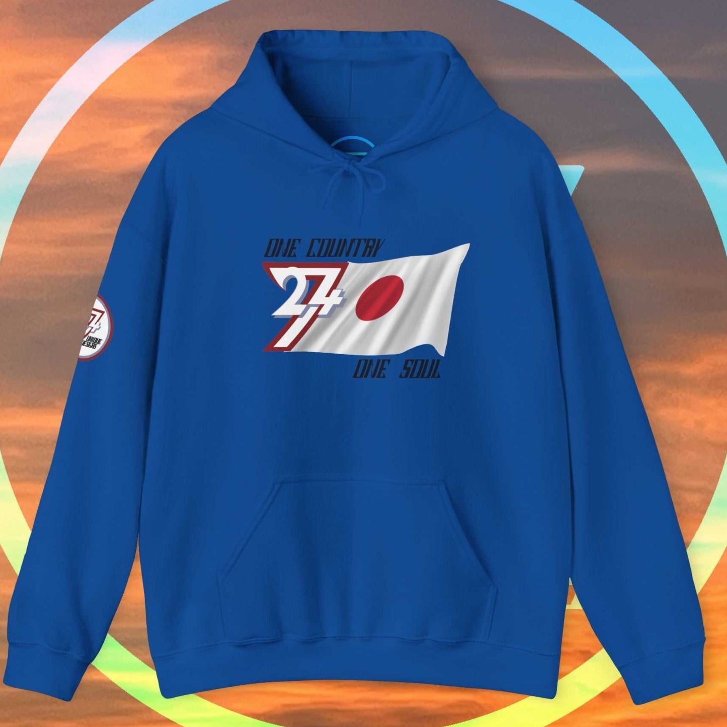 Complete front-on display of the Royal Blue Nihon heritage hoodie with the hand-drawn flag.