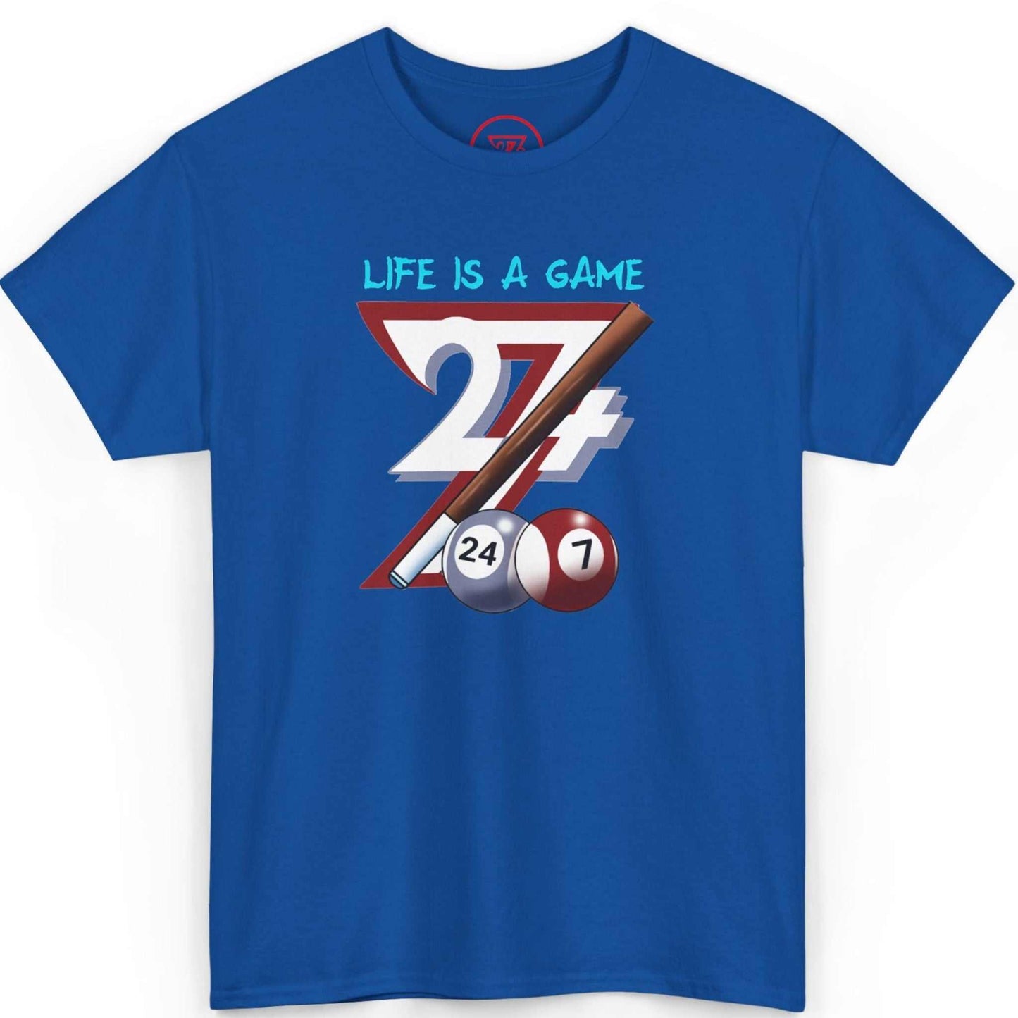 Front view of a vibrant royal blue local pool league shirt highlighting the hand-drawn 24/7 billiard balls, laid flat on a clean background.