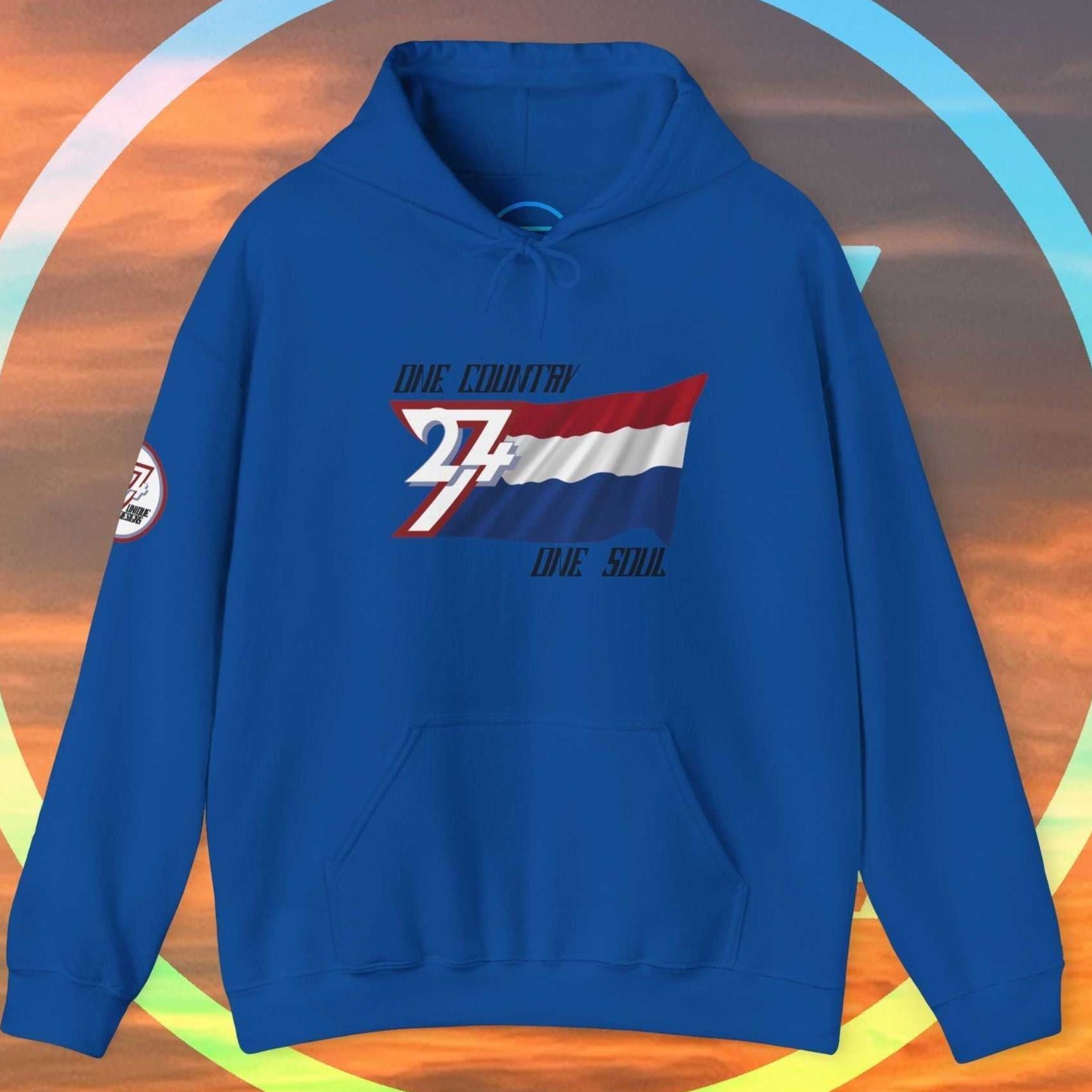 Complete front-on display of the Royal Blue Nederland heritage hoodie with the hand-drawn flag.