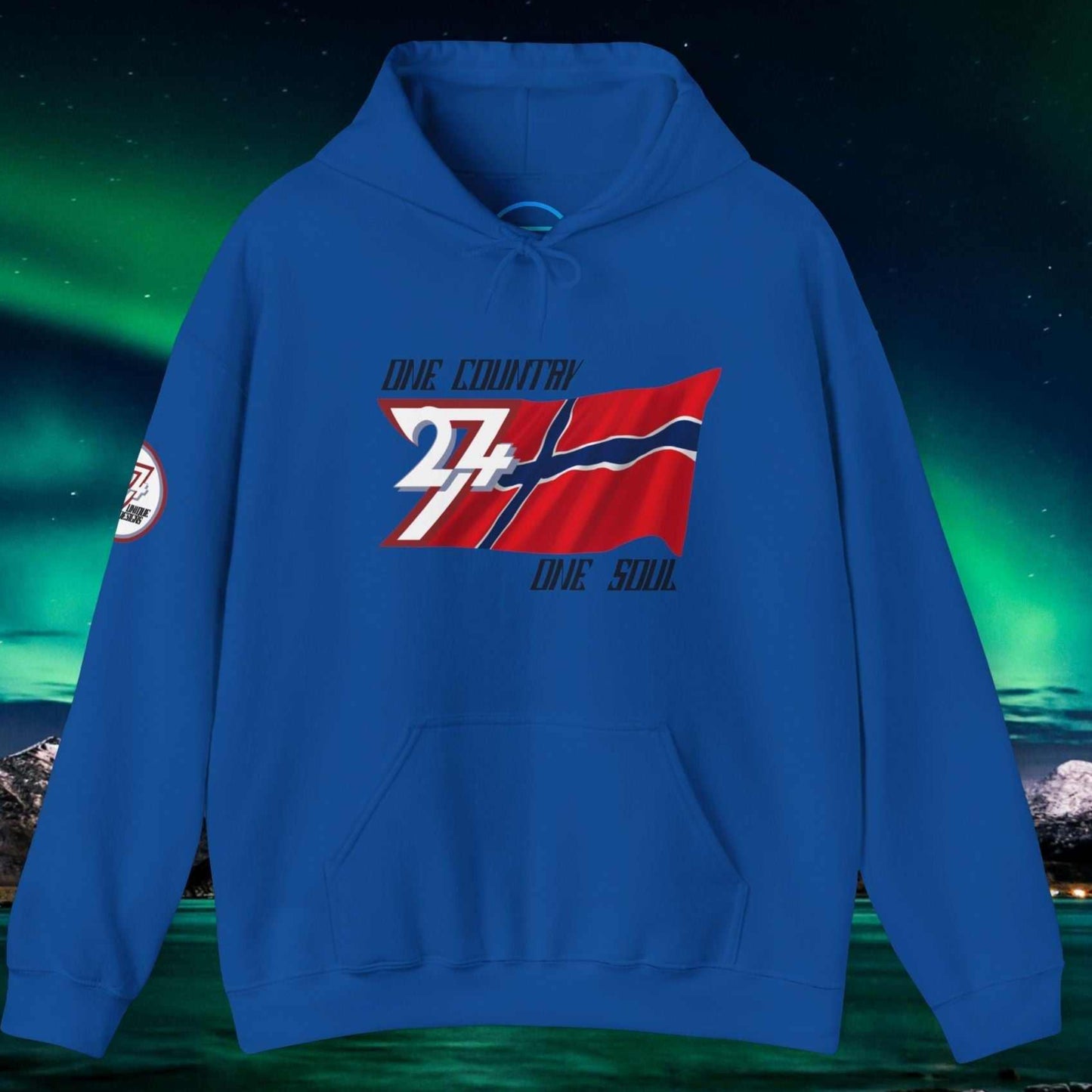 Complete front-on display of the Royal Blue Norge heritage hoodie with the hand-drawn flag.