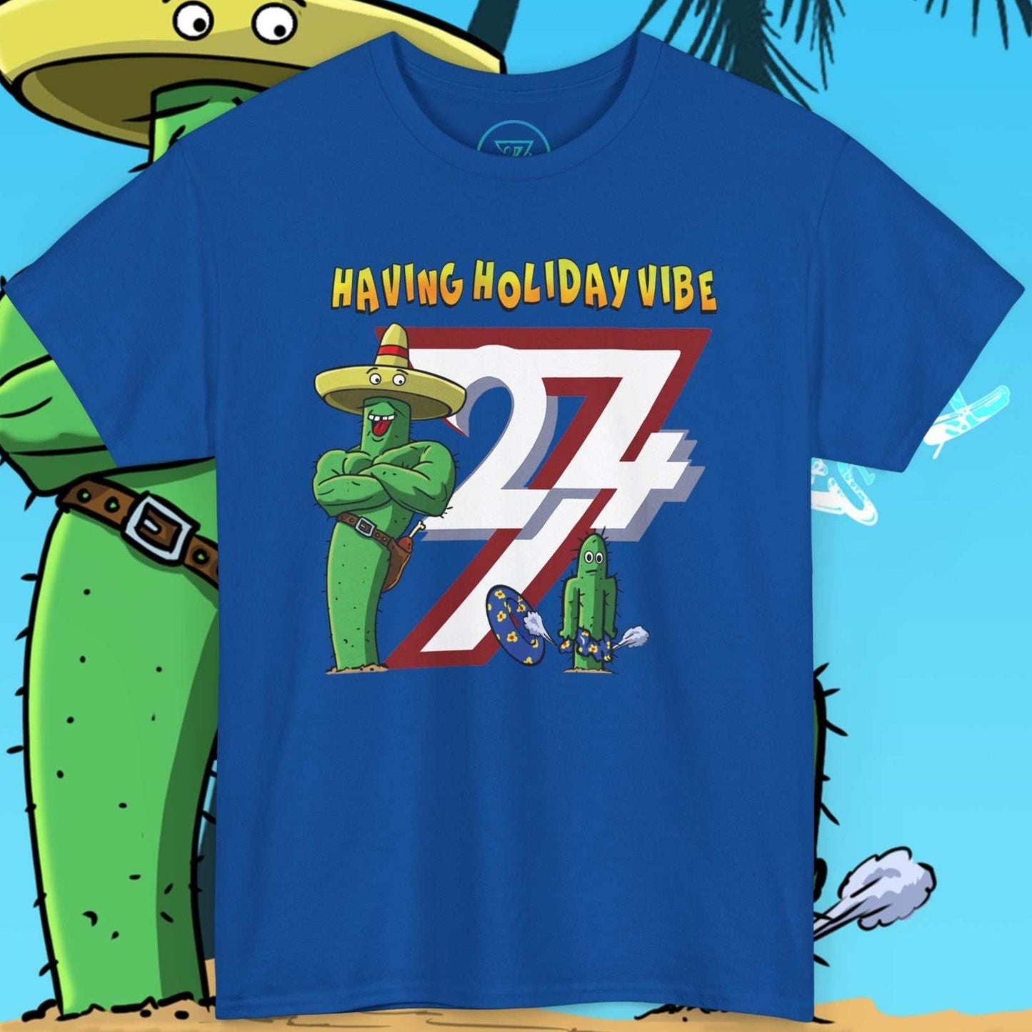 Royal blue cartoon cactus tee showing a small cactus with deflated inflatable swim trunks.