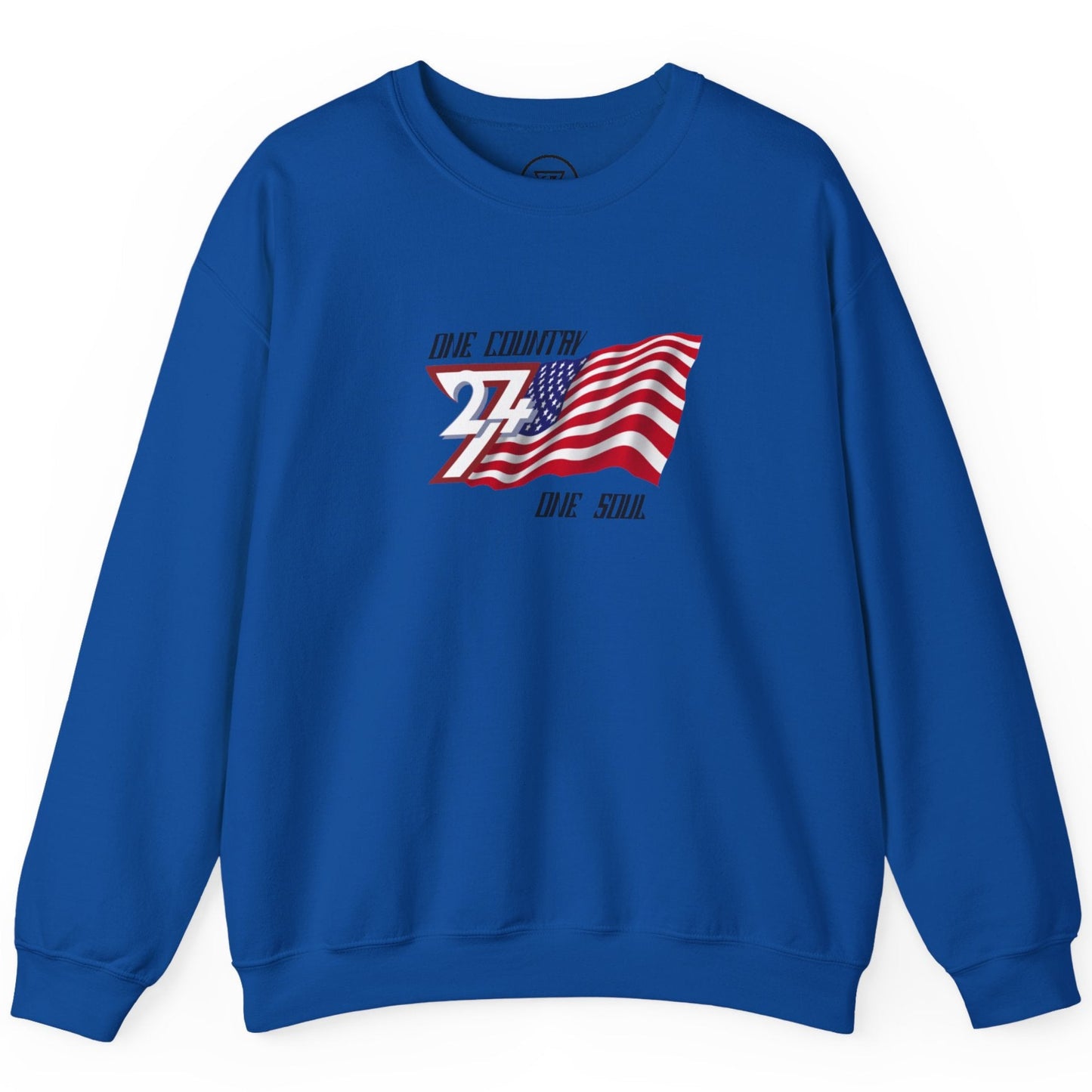Royal Blue sweatshirt with American flag design on a white background