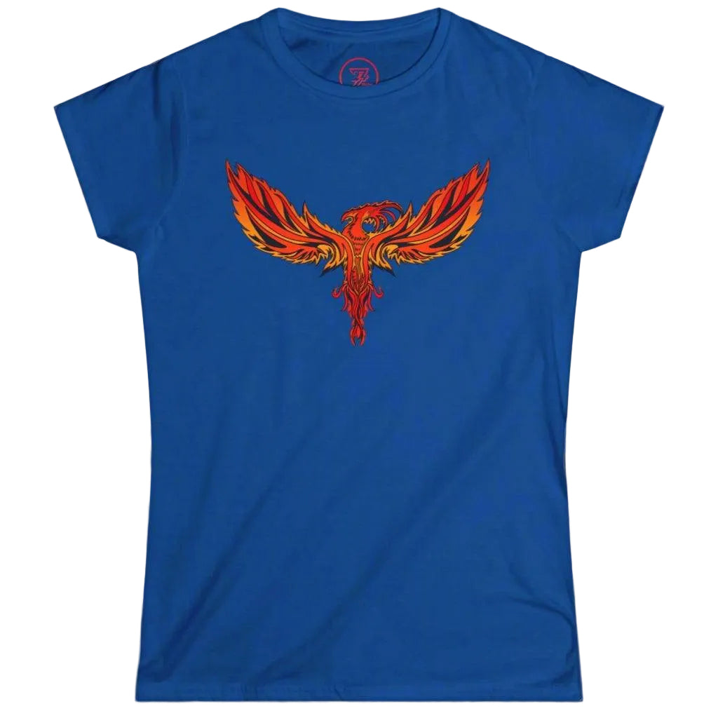 Royal blue t-shirt for women featuring a detailed orange fire bird graphic.