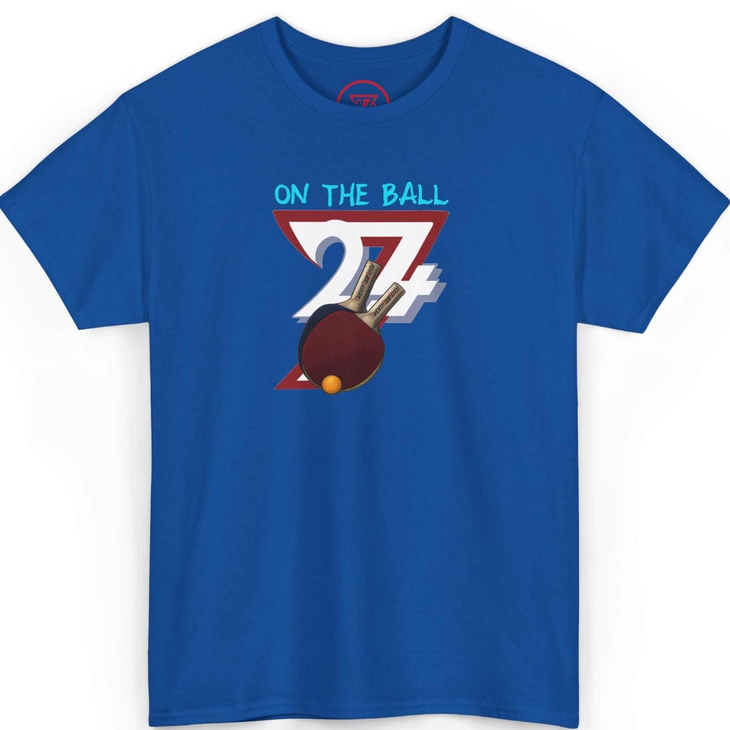 Front view of a royal blue ping pong graphic tee showcasing the sketch-style paddle and 24/7 logo, displayed on a clean background.