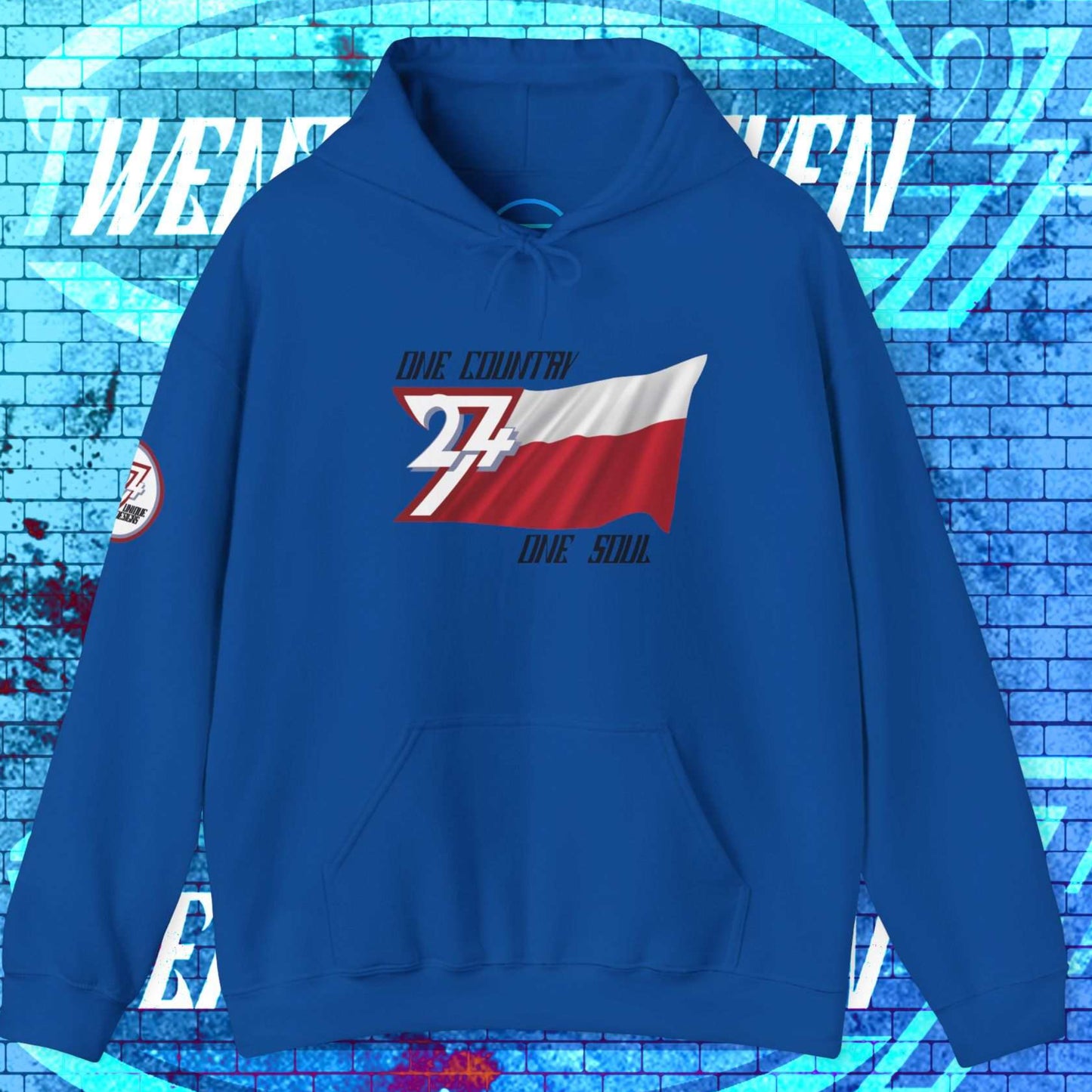 Complete front-on display of the Royal Blue Polska heritage hoodie with the hand-drawn flag.