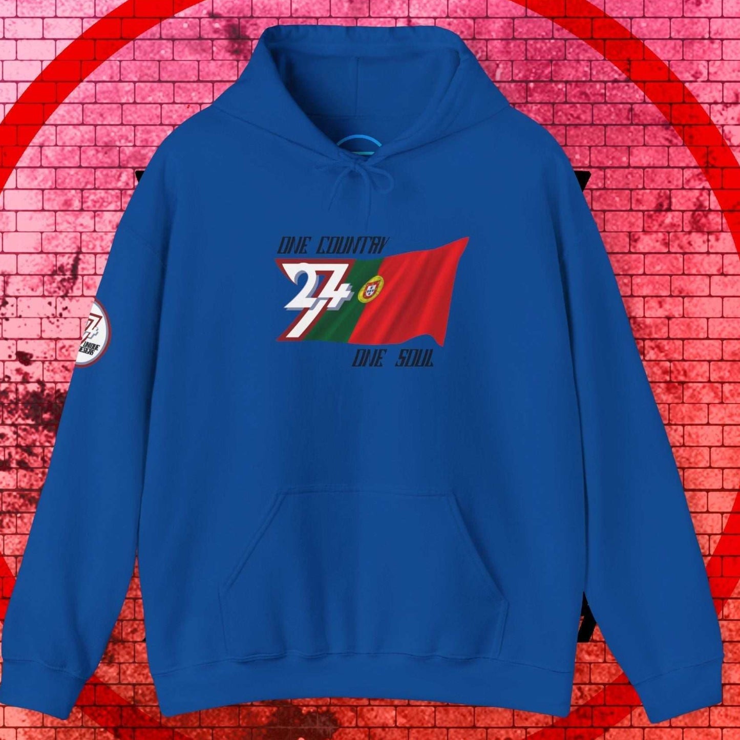 Complete front-on display of the Royal Blue Portugal heritage hoodie with the hand-drawn flag.