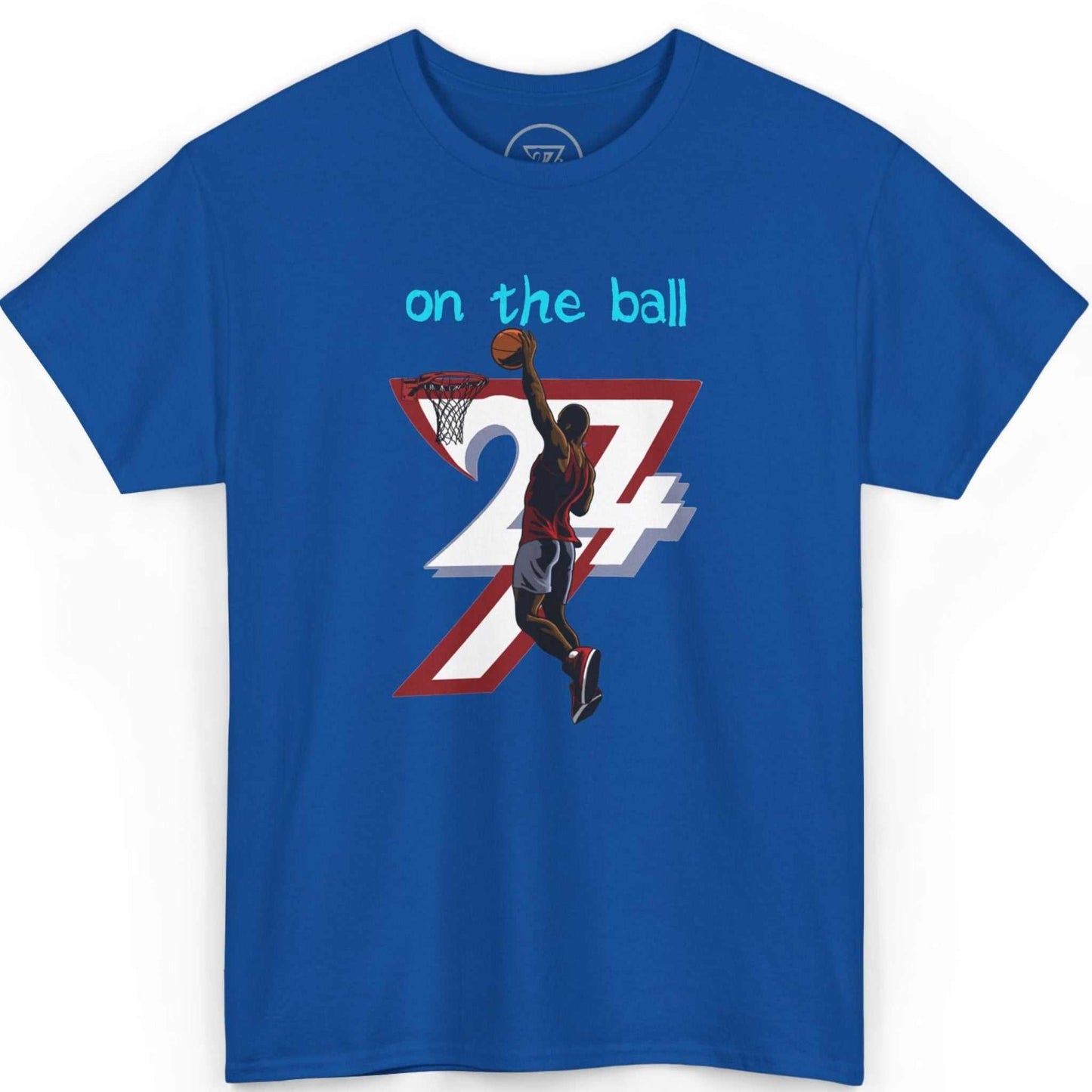 Front view of a vibrant royal blue retro basketball graphic tee highlighting the bold digital illustration, displayed on a clean background.