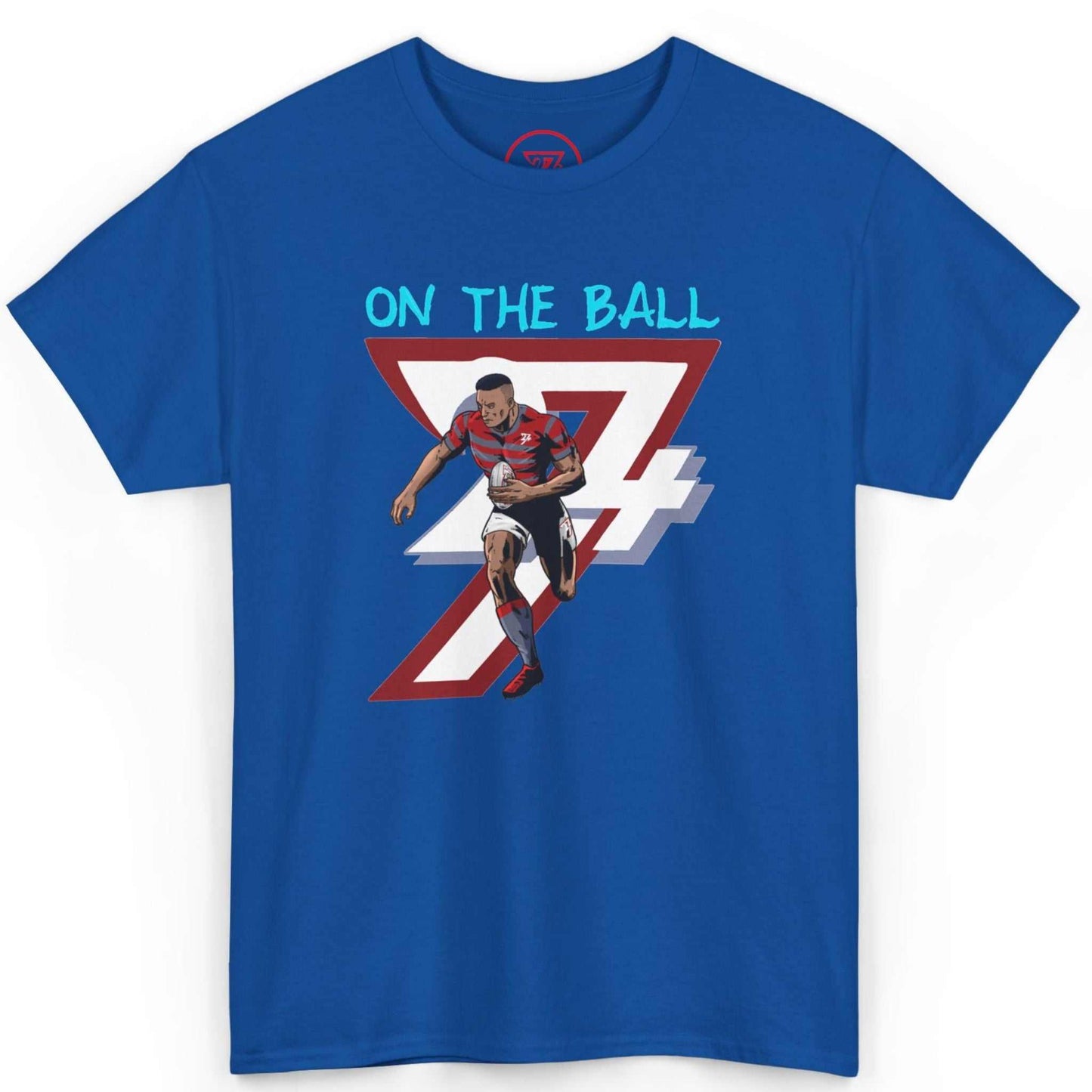 Front view of a vibrant royal blue rugby graphic tee highlighting the comic-style player mid-run, displayed on a clean background.