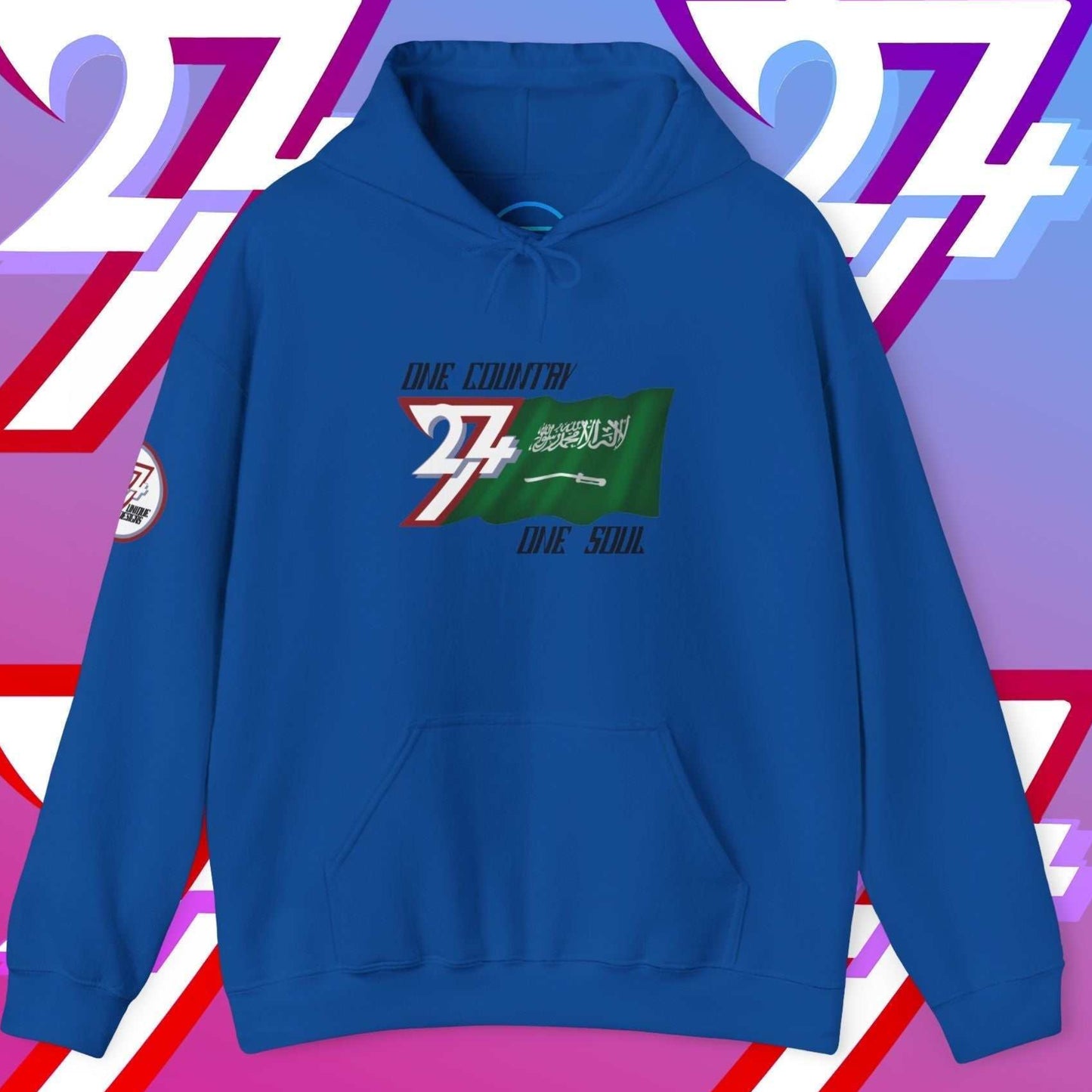Complete front-on display of the Royal Blue Al-Mamlakah heritage hoodie with the hand-drawn flag.